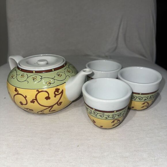 PIER 1 Teapot Cup Set And 3 Piece Cup Set Yellow Burgundy Green Ceramic EUC - Picture 1 of 8